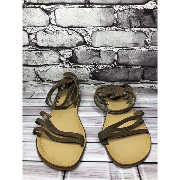 Sundance Taupe Leather Open Strap Back Zip Flats Sandals Women Sz 41EU/10.5M US - Picture 2 of 16